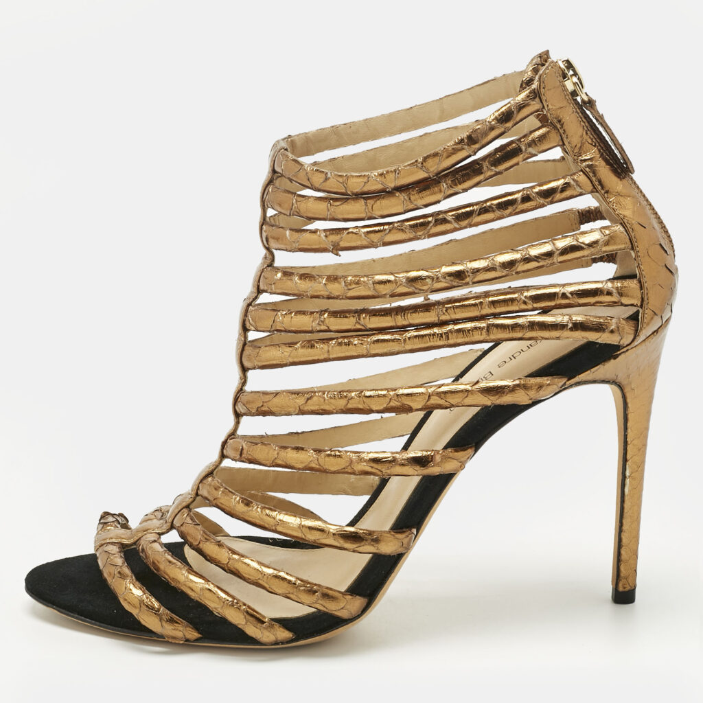 Alexandre Birman Gold Python Embossed Leather Caged Zipper Sandals Size 40 Alexandre Birman Gold Python Embossed Leather Caged Zipper Sandals Size 40