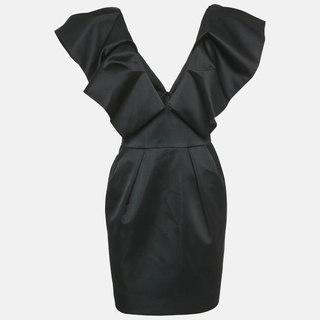 Alexandre Vauthier Black Satin Ruffled V-Neck Mini Dress M Alexandre Vauthier Black Satin Ruffled V-Neck Mini Dress M