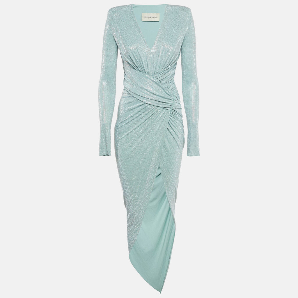 Alexandre Vauthier Blue Studded Jersey Drape Style Maxi Dress S Alexandre Vauthier Blue Studded Jersey Drape Style Maxi Dress S