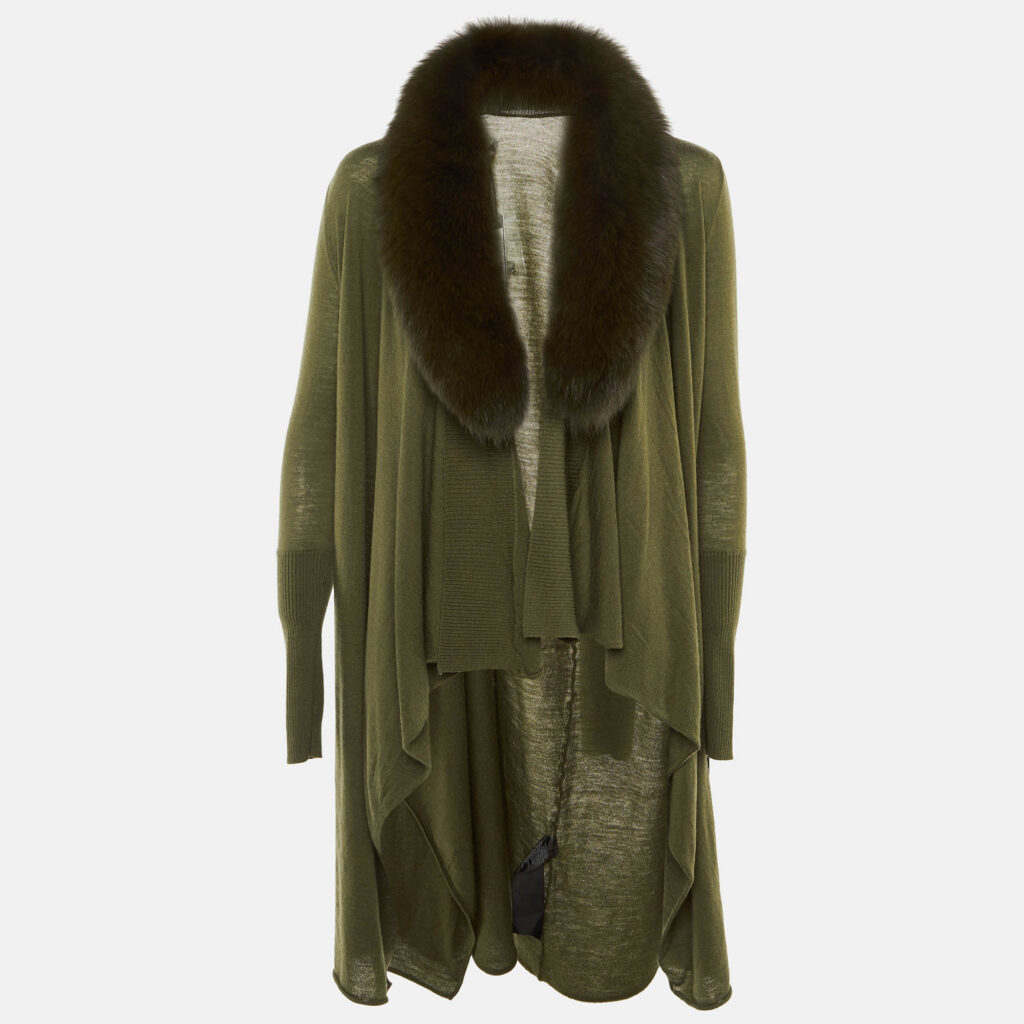 Alice + Olivia Olive Green Wool Detachable Fur Open Front Cardigan XS Alice + Olivia Olive Green Wool Detachable Fur Open Front Cardigan XS