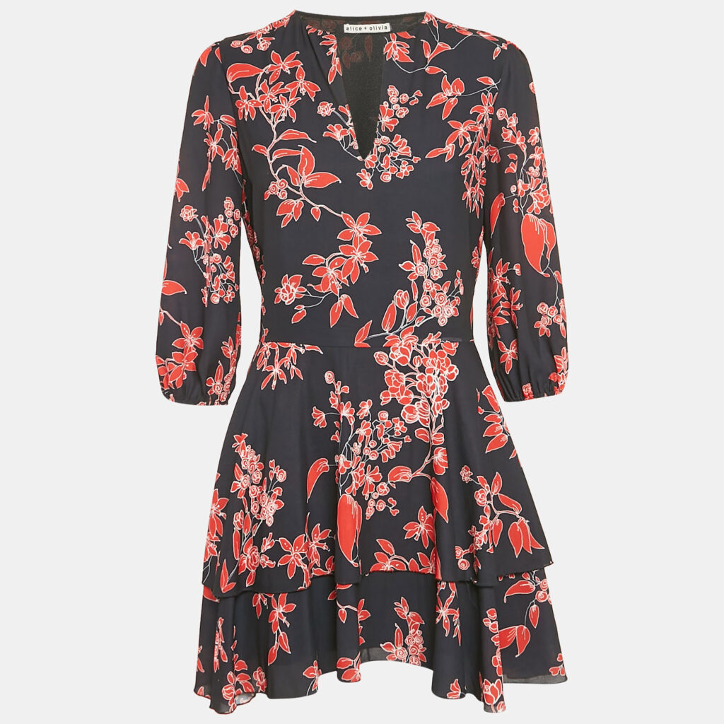 Alice + Olivia Black Floral Print Chiffon Short Dress M Alice + Olivia Black Floral Print Chiffon Short Dress M