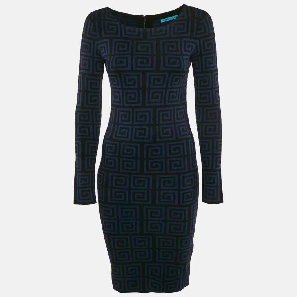 Alice + Olivia Blue/Black Patterned Wool Knit Knee-Length Dress M Alice + Olivia Blue/Black Patterned Wool Knit Knee-Length Dress M