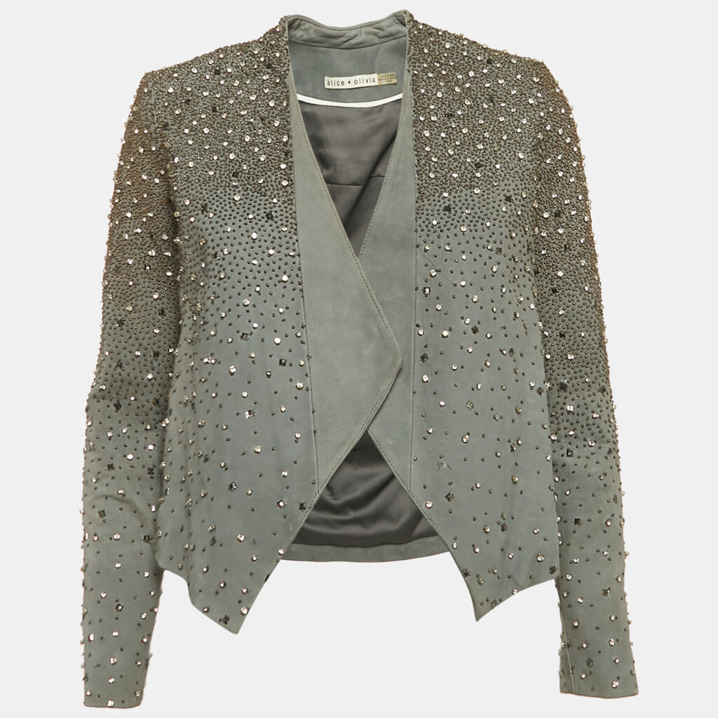 Alice + Olivia Grey Embellished Leather Jacket XS Alice + Olivia Grey Embellished Leather Jacket XS