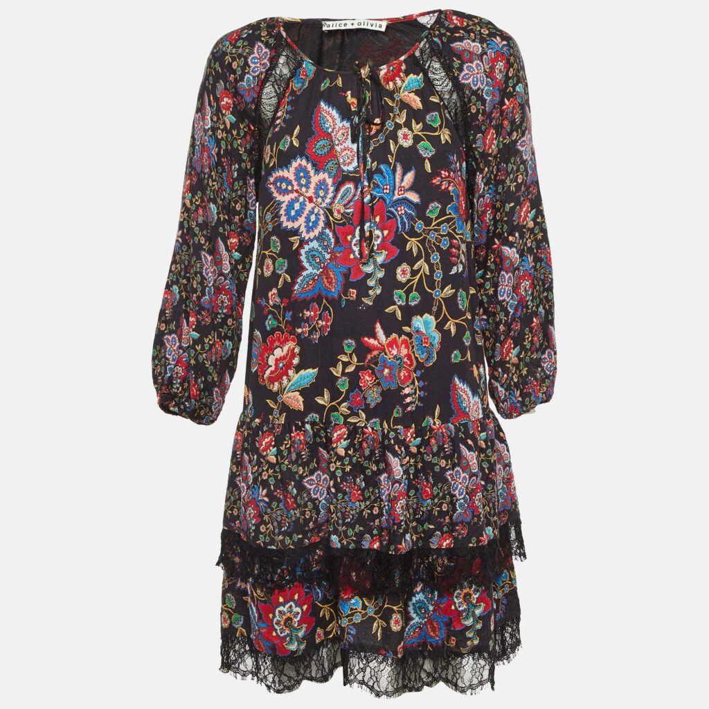 Alice + Olivia Black Floral Print Crepe & Lace Tiered Dress M Alice + Olivia Black Floral Print Crepe & Lace Tiered Dress M