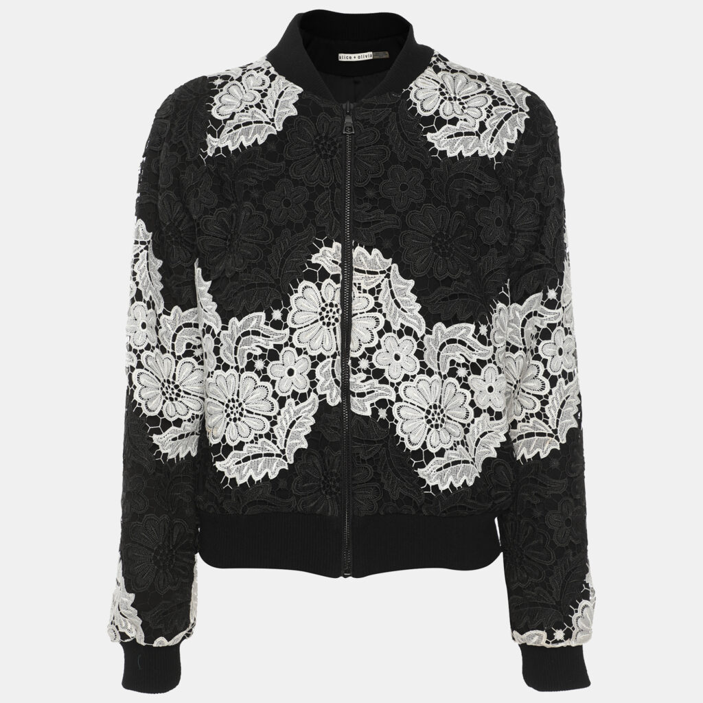Alice + Olivia Black/White Floral Lace Bomber Jacket XS