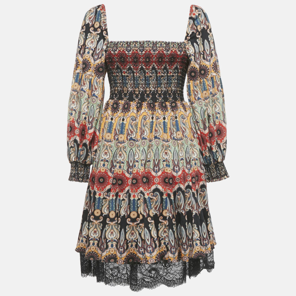 Alice + Olivia Multicolor Printed Crepe & Lace Detail Julissa Smocked Mini Dress S Alice + Olivia Multicolor Printed Crepe & Lace Detail Julissa Smocked Mini Dress S