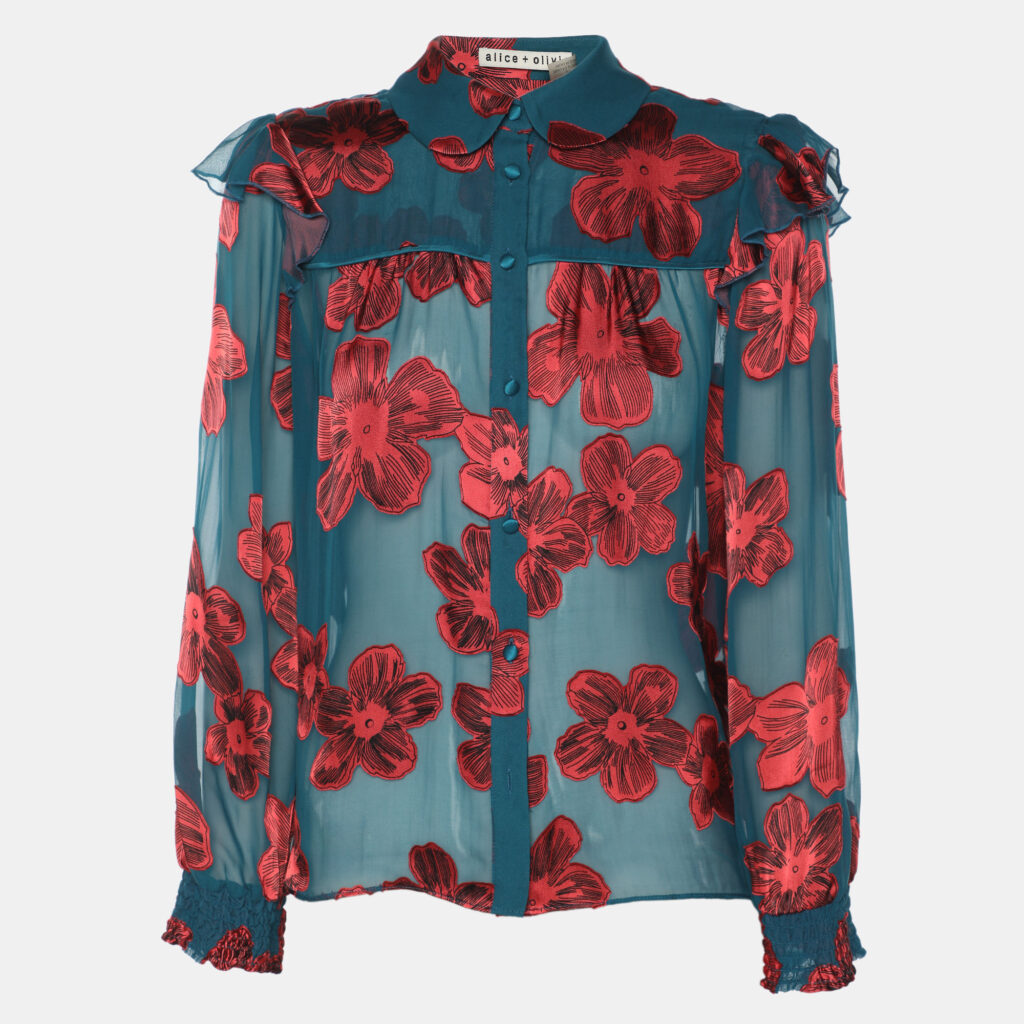 Alice + Olivia Teal/Red Chiffon Floral Print Ziggy Ruffle Long Sleeve Blouse S