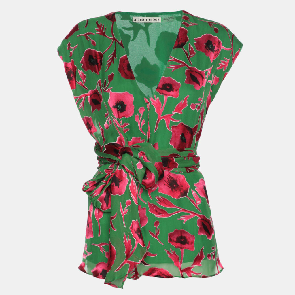 Alice + Olivia Green/Pink Poppy Print Silk Blend Essie Wrap Top XS