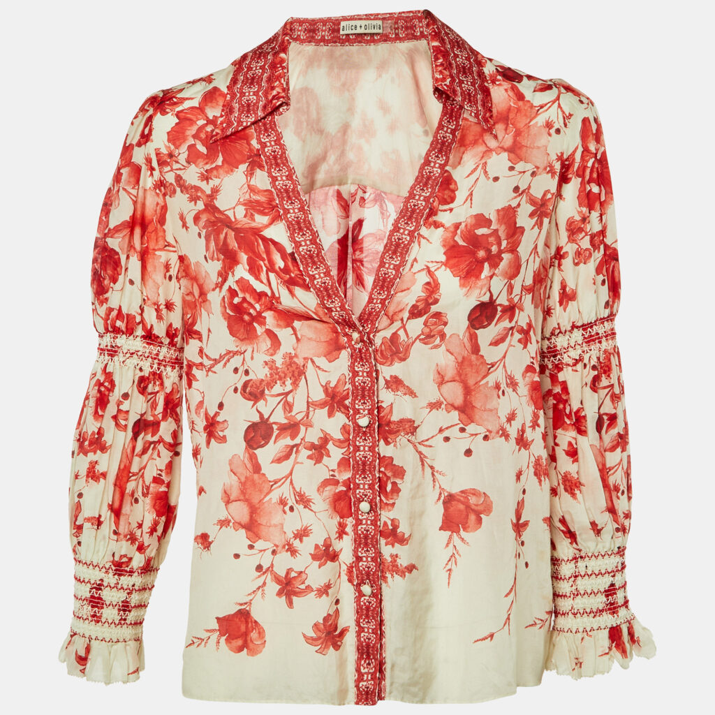 Alice + Olivia Red Printed Cotton & Silk Button Front Blouse M Alice + Olivia Red Printed Cotton & Silk Button Front Blouse M