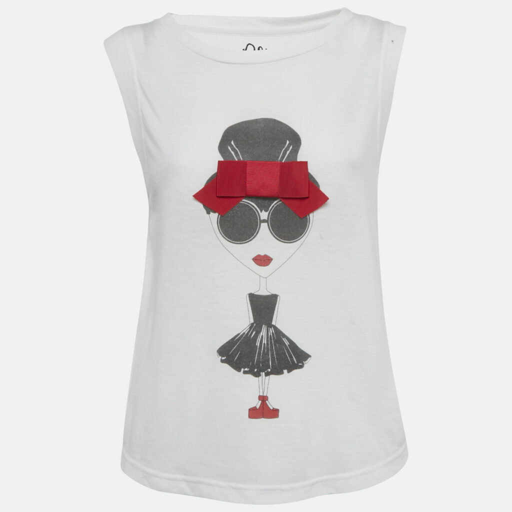 Alice + Olivia White Stace Face Print Bow Detailed Crepe T-Shirt M/L Alice + Olivia White Stace Face Print Bow Detailed Crepe T-Shirt M/L