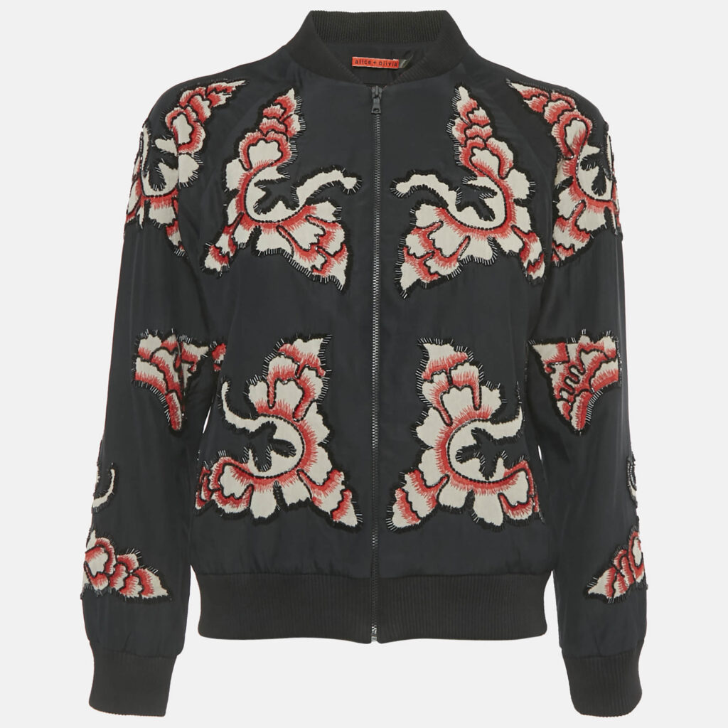 Alice + Olivia Black Embellished Silk Zip-Up Bomber Jacket XS