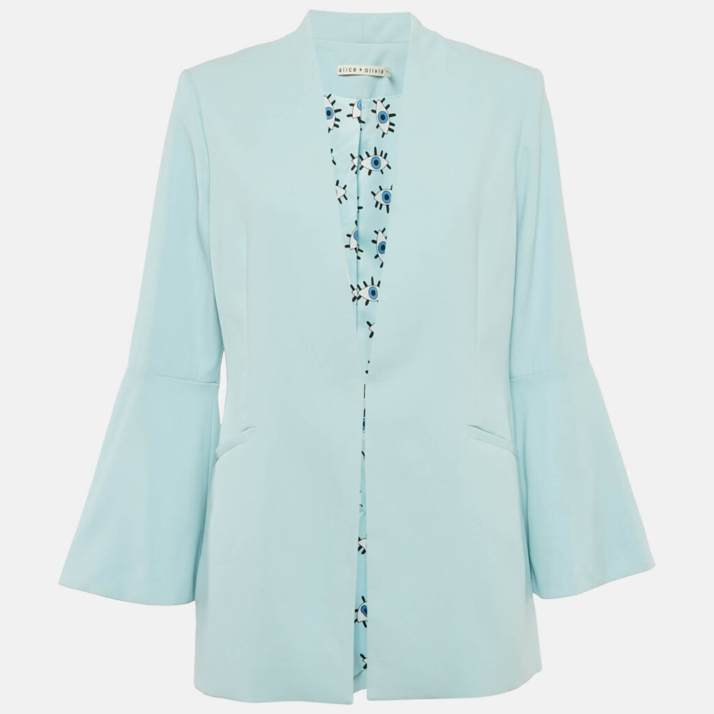 Alice + Olivia Light Blue Crepe Open Front Tailored Blazer L Alice + Olivia Light Blue Crepe Open Front Tailored Blazer L