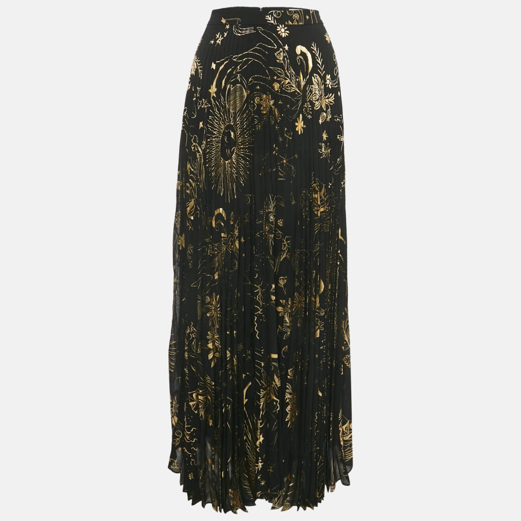 Alice + Olivia Black Printed Crepe Pleated Maxi Skirt M Alice + Olivia Black Printed Crepe Pleated Maxi Skirt M