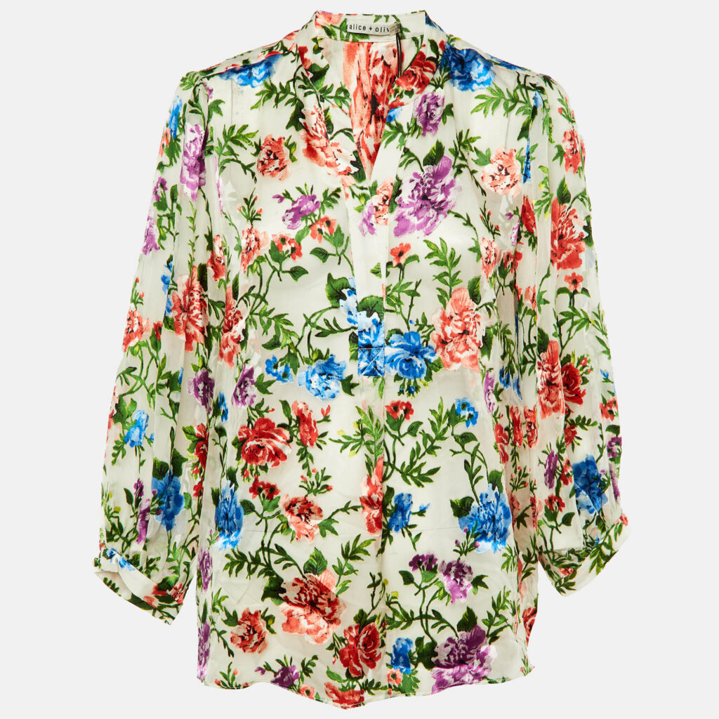Alice + Olivia Cream Floral Devore Mandarin Collar Top XL Alice + Olivia Cream Floral Devore Mandarin Collar Top XL