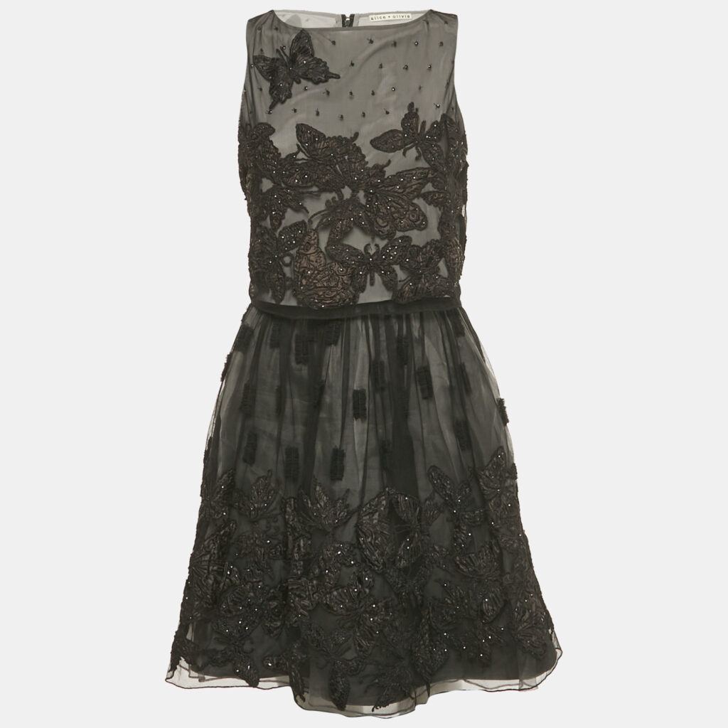 Alice + Olivia Black Embroidered Embellished Mesh Top & Skirt Set S