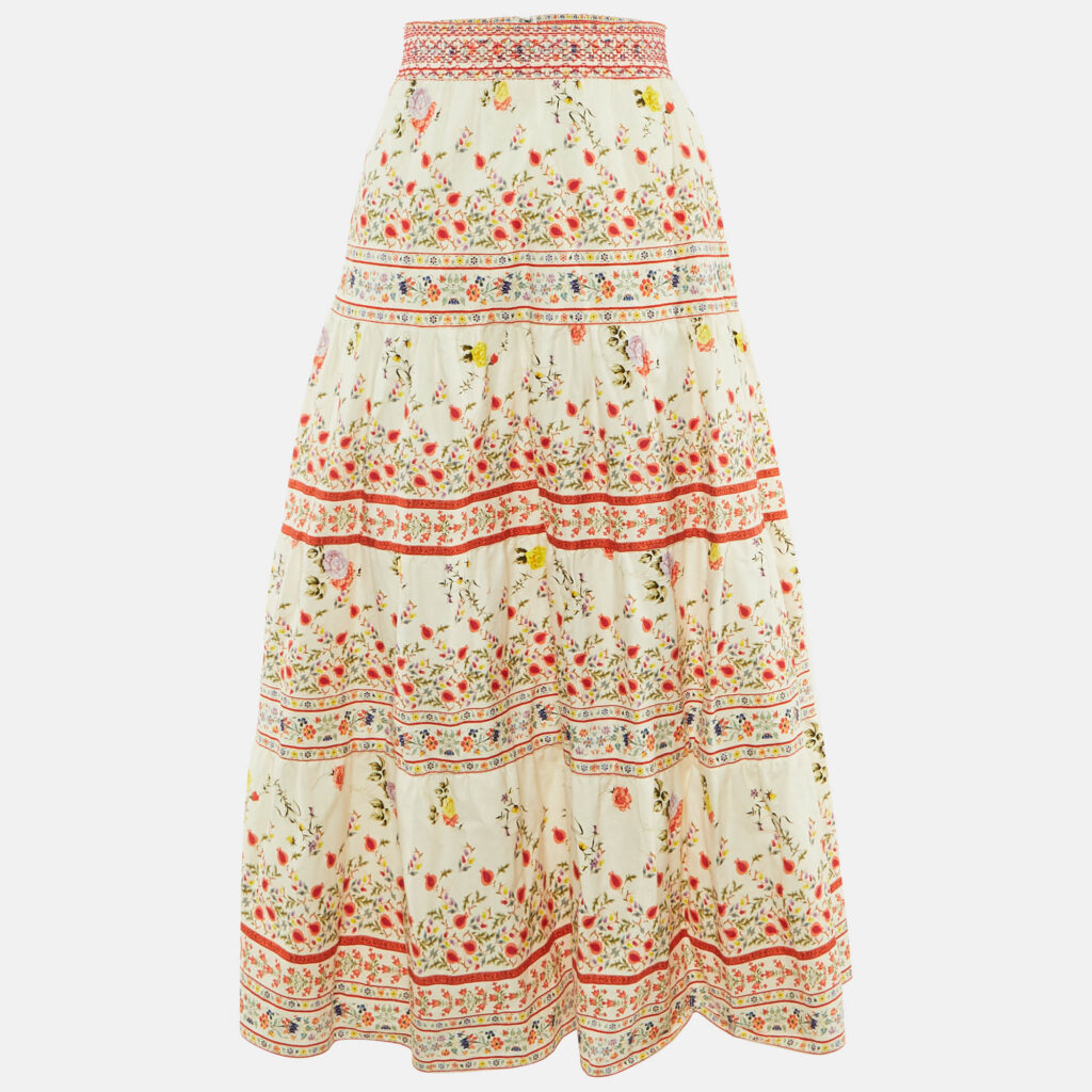 Alice + Olivia Beige Floral Print Linen & Cotton Tiered Melony Midi Skirt L Alice + Olivia Beige Floral Print Linen & Cotton Tiered Melony Midi Skirt L