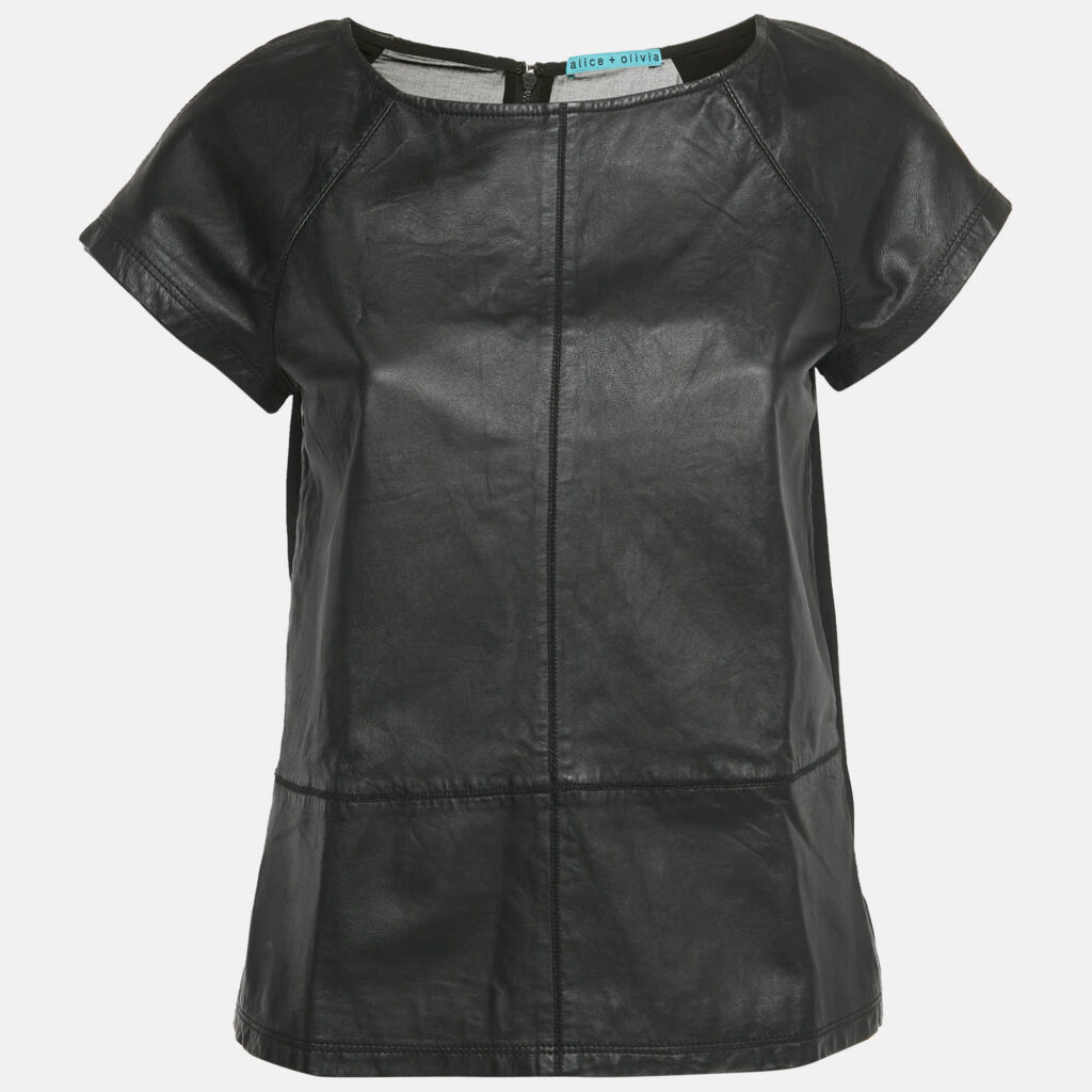 Alice + Olivia Black Leather and Chiffon Top M