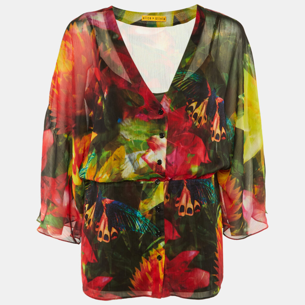Alice + Olivia Multicolor Floral Butterfly Print Crepe Top M Alice + Olivia Multicolor Floral Butterfly Print Crepe Top M