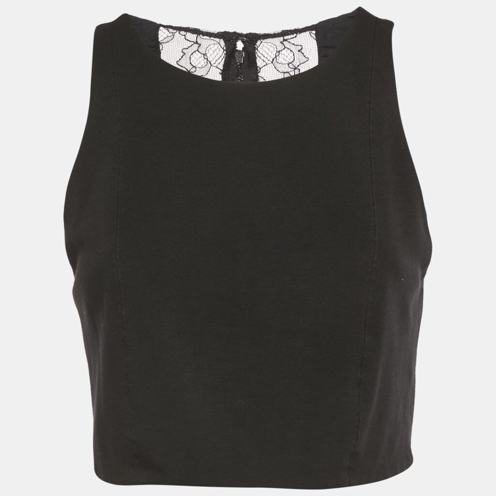 Alice + Olivia Black Lace Trim Jersey Zip-Up Crop Top M
