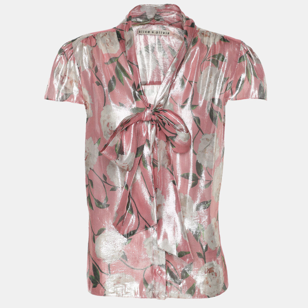 Alice + Olivia Metallic Pink Flora Print Lurex Knit Neck Tie Top M Alice + Olivia Metallic Pink Flora Print Lurex Knit Neck Tie Top M