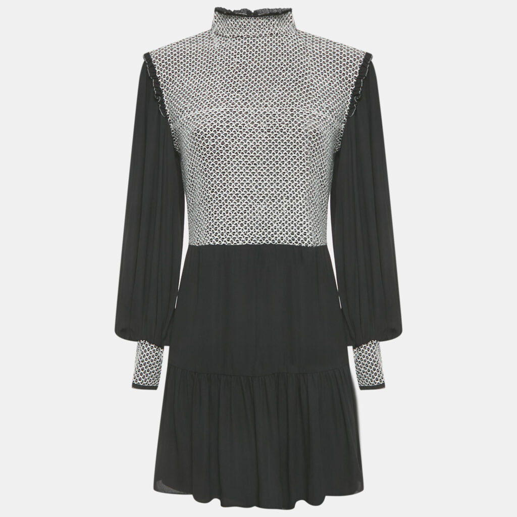 Alice + Olivia Black Embroidered Detail Crepe Elvira Tiered Mini Dress M Alice + Olivia Black Embroidered Detail Crepe Elvira Tiered Mini Dress M