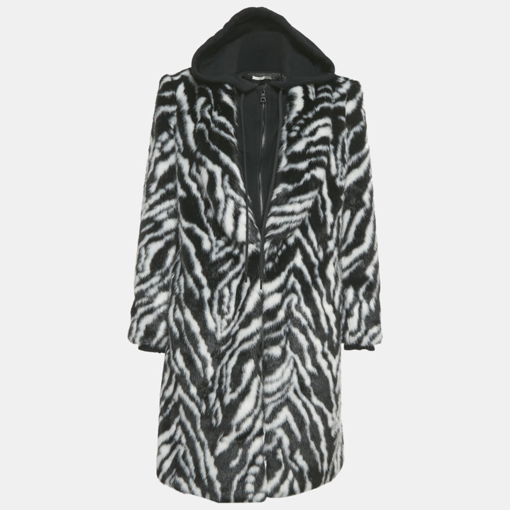 Alice + Olivia Black /White Animal Print Faux Fur Detachable Hood Coat M