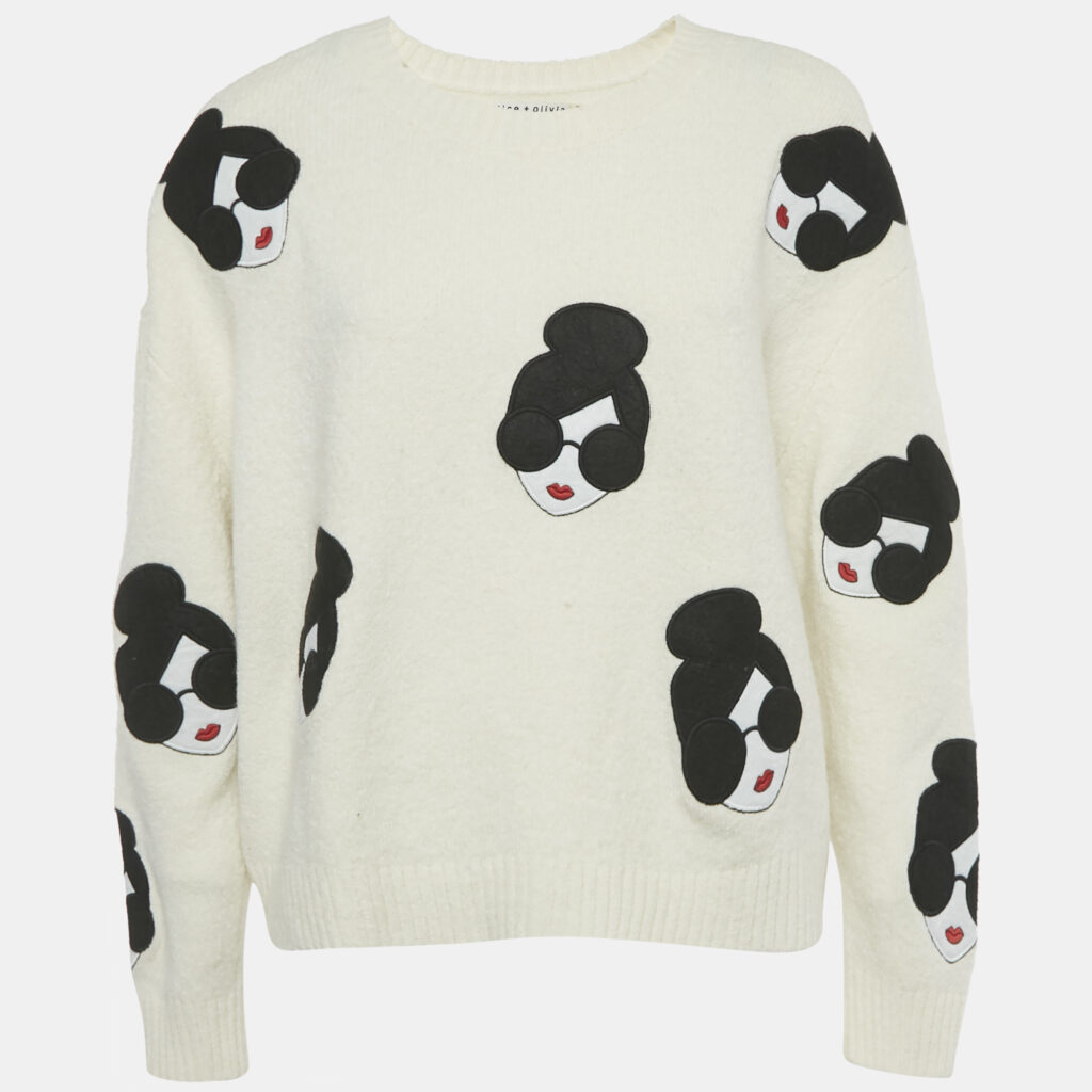 Alice + Olivia White Girl Applique Stretch Knit Sweater M