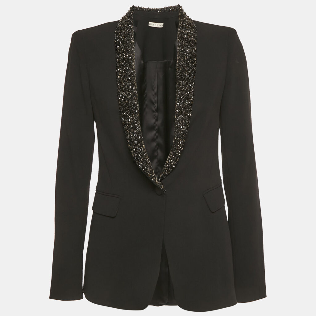Alice + Olivia Black Beaded Collar Crepe Blazer M Alice + Olivia Black Beaded Collar Crepe Blazer M