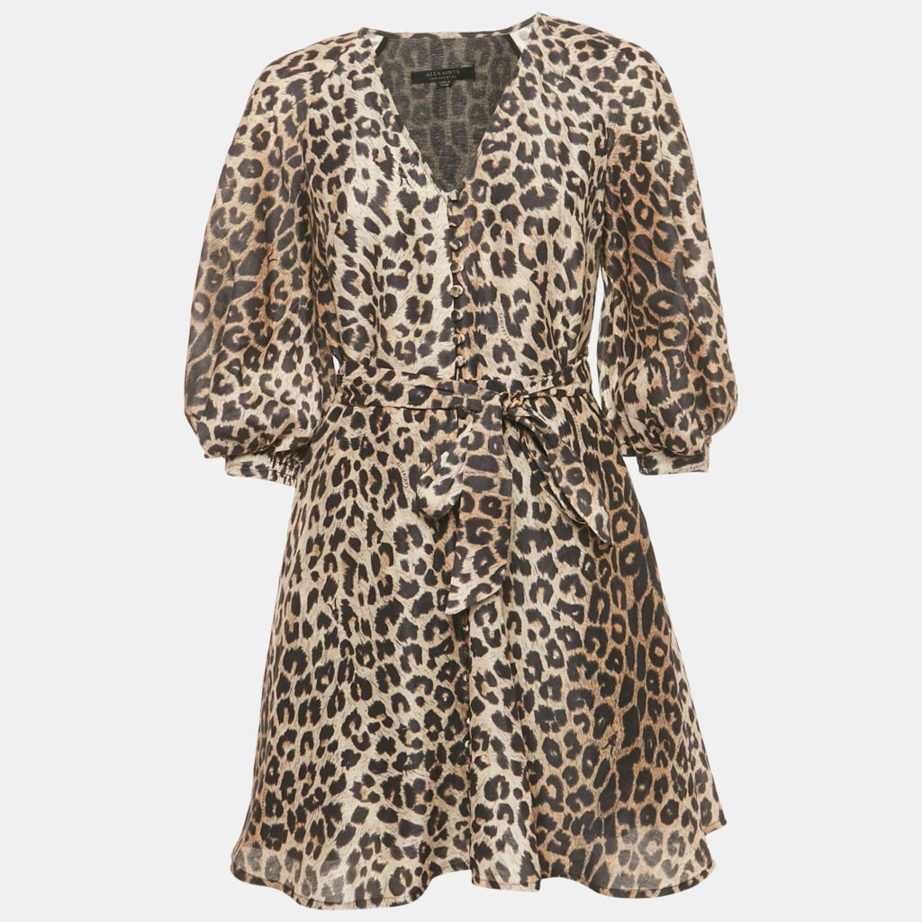All Saints Brown Leopard Print Linen Ilora Mini Dress S All Saints Brown Leopard Print Linen Ilora Mini Dress S