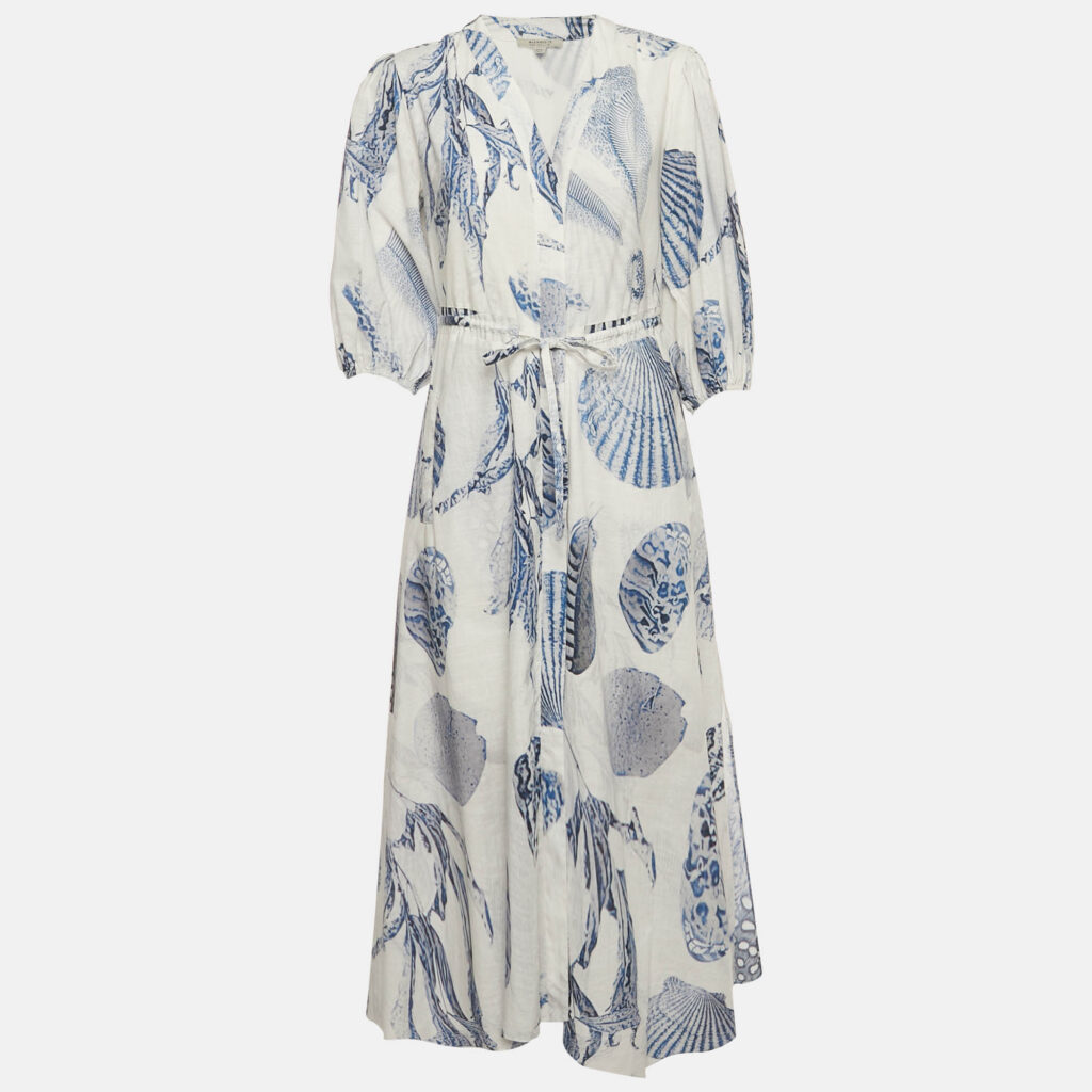 All Saints Blue/White Printed Cotton Dalia Oceano Midi Dress S