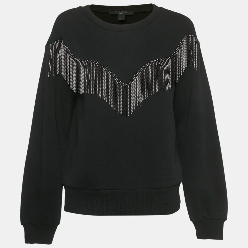 All Saints Black Cotton Embellished Trim Sweatshirt S All Saints Black Cotton Embellished Trim Sweatshirt S