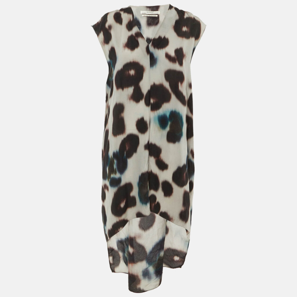 luxury-women-all-saints-used-clothes-p1223672-001-1.jpg All Saints Grey Animal Printed Silk High-Low Hem Shift Dress M