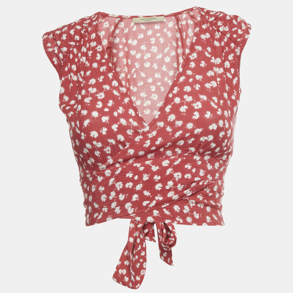 All Saints Pink Floral Print Crop Wrap Top XS