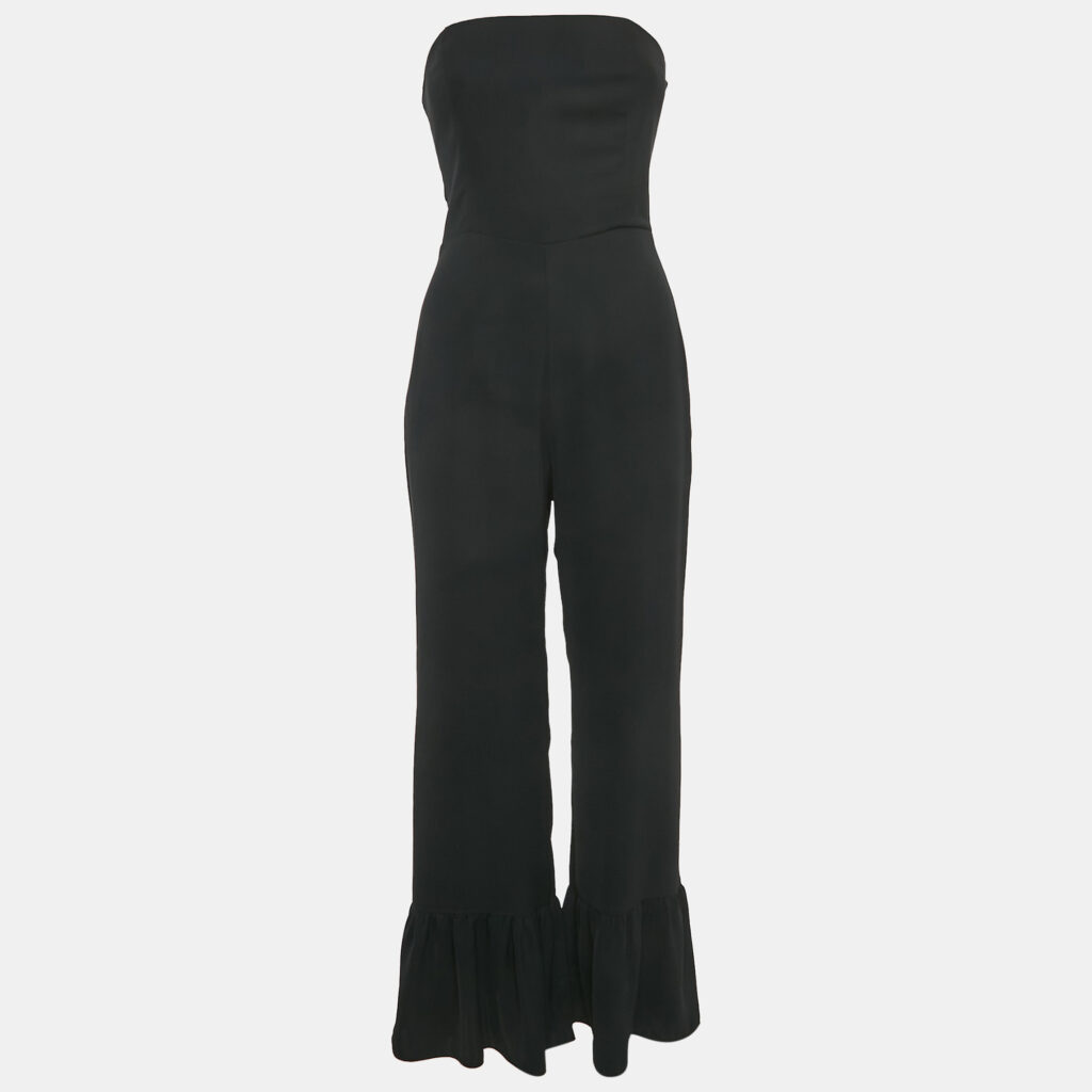Amanda Uprichard Black Crepe Strapless Flounced Hem Jumpsuit S