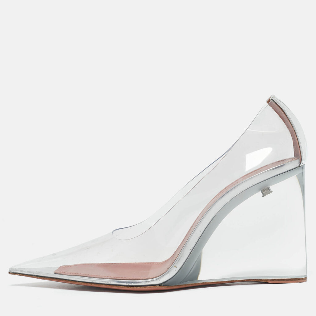 luxury-women-amina-muaddi-new-shoes-p1129634-010-1.jpg Amina Muaddi Silver Patent Leather and PVC Ane Wedge Pumps Size 39