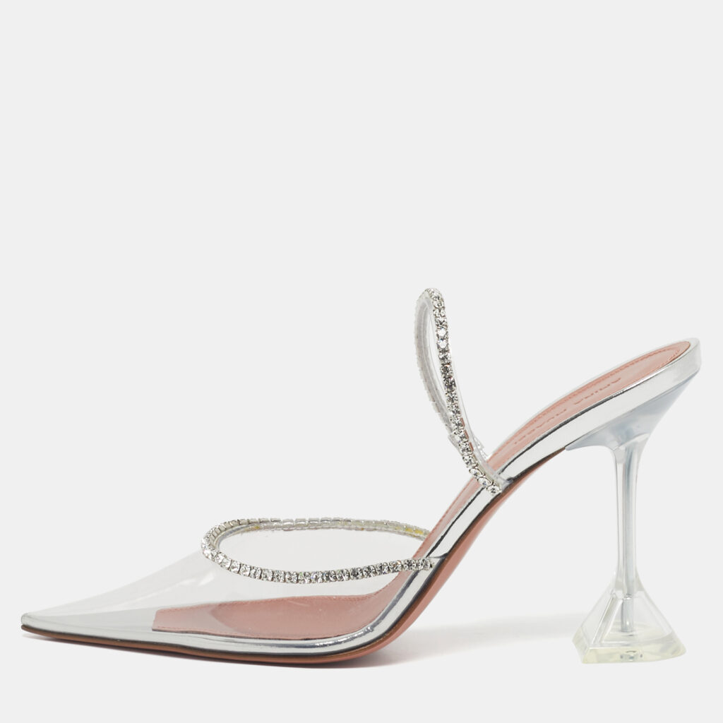 Amina Muaddi Silver PVC Gilda Glass Heel Mules Size 40