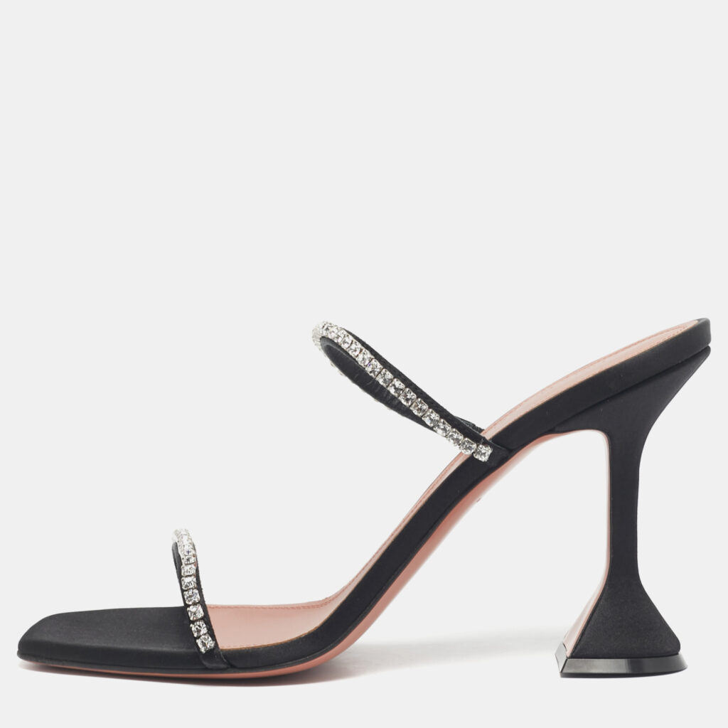 Amina Muaddi Black Satin Crystal Embellished Gilda Slide Sandals Size 39.5 Amina Muaddi Black Satin Crystal Embellished Gilda Slide Sandals Size 39.5