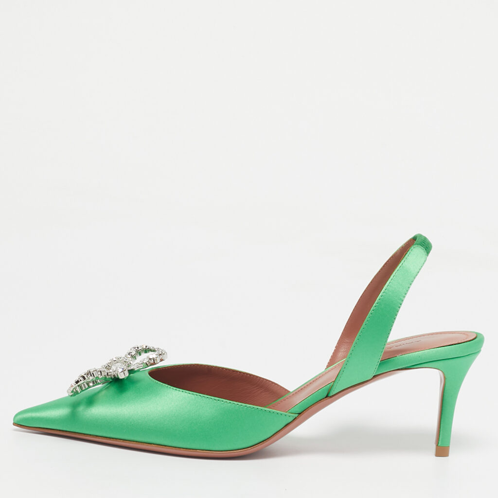 Amina Muaddi Green Satin Rosie Slingback Pumps Size 37