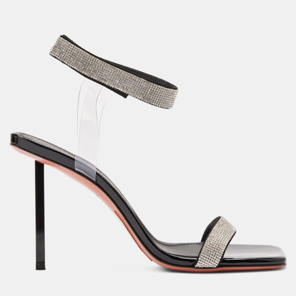 Amina Muaddi Rih Black Patent White Crystal Mesh Black Lacquer Metal Heel Size 36