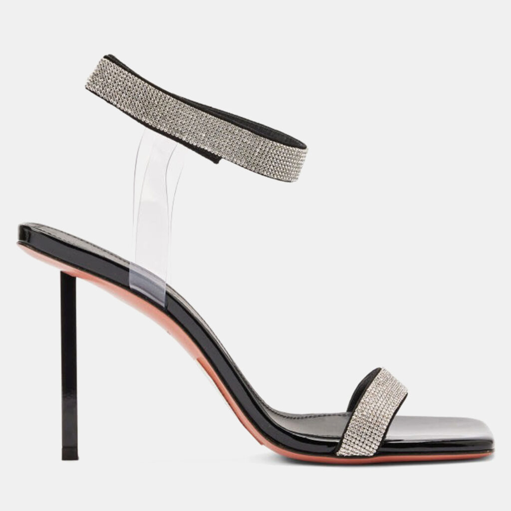 Amina Muaddi Rih Black Patent White Crystal Mesh Black Lacquer Metal Heel 95 Mm EU 38