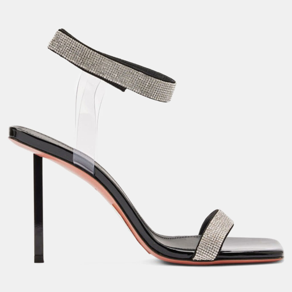 Amina Muaddi Rih Black Patent White Crystal Mesh Black Lacquer Metal Heel 95 Mm EU 39