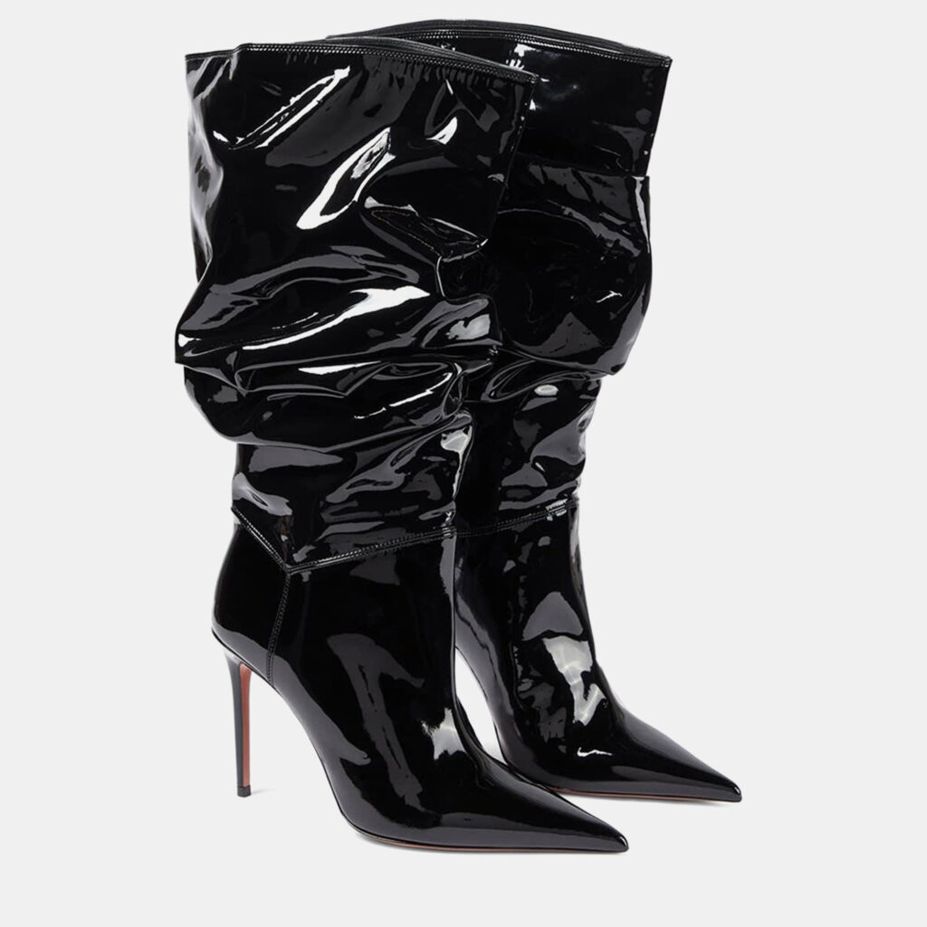 Amina Muaddi Jahleel Latex Black Leather Ankle Boots EU 39