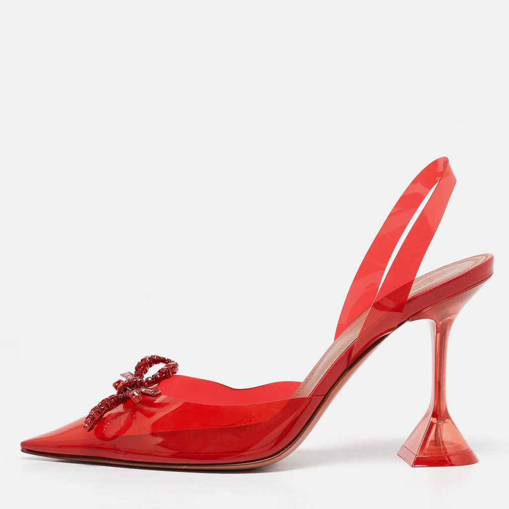 Amina Muaddi Red PVC Rosie Crystal Embellished Bow Slingback Pumps Size 39.5 Amina Muaddi Red PVC Rosie Crystal Embellished Bow Slingback Pumps Size 39.5