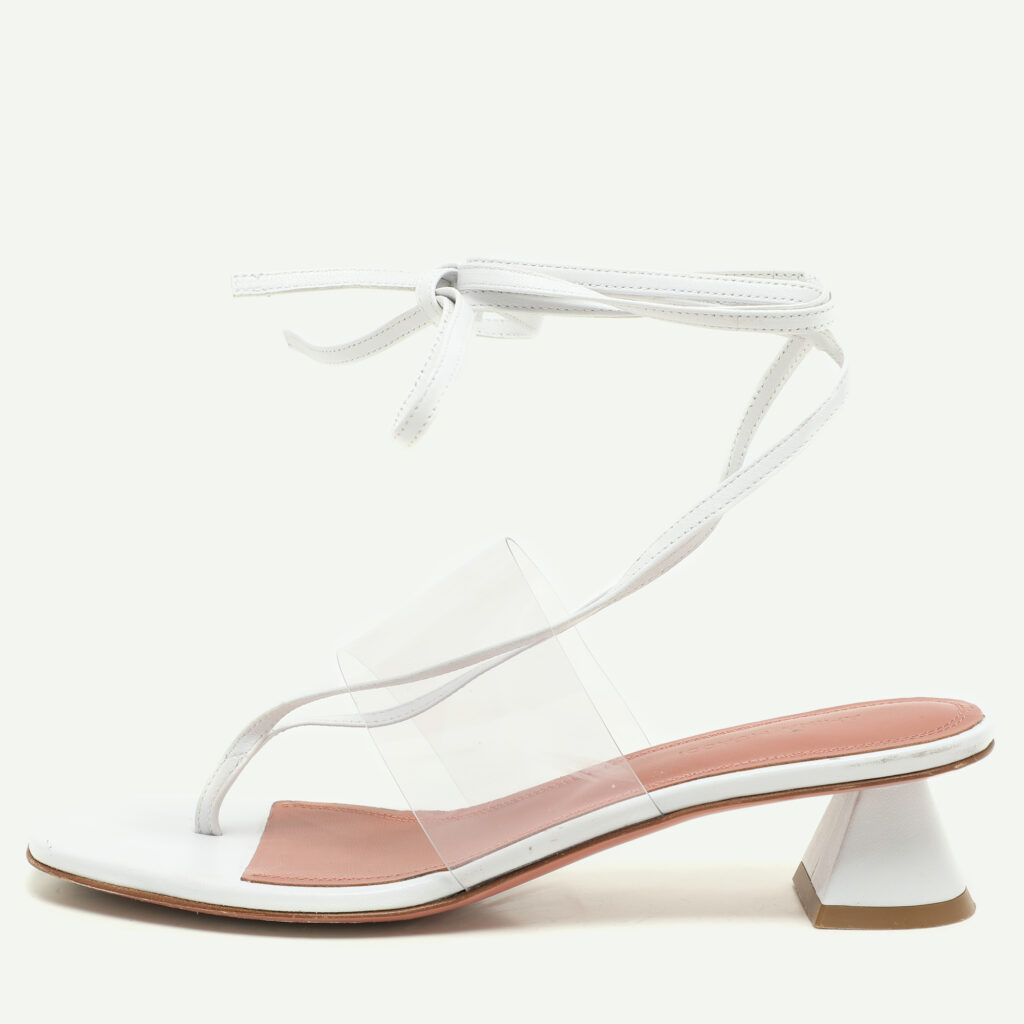 Amina Muaddi White Leather and PVC Zula Ankle Wrap Sandals Size 37.5