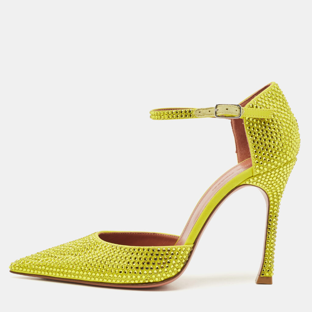 Amina Muaddi Yellow Satin Vittoria 105mm Crystal-Embellished Pumps Size 37 Amina Muaddi Yellow Satin Vittoria 105mm Crystal-Embellished Pumps Size 37