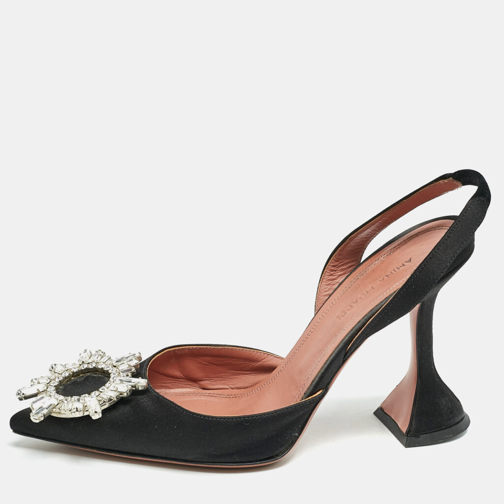 Amina Muaddi Black Satin Begum Slingback Pumps Size 35