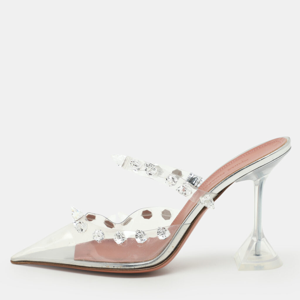 Amina Muaddi Transperent PVC Crystal Embellished Julia Mule Sandals Size 38.5 Amina Muaddi Transperent PVC Crystal Embellished Julia Mule Sandals Size 38.5