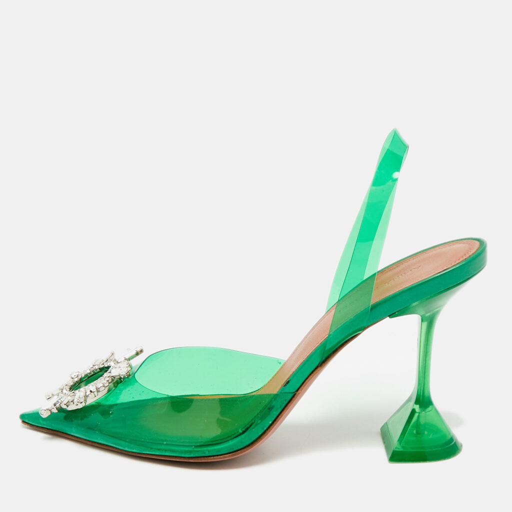 Amina Muaddi Green PVC Begum Crystal-Embellished Slingback Pumps Size 38.5 Amina Muaddi Green PVC Begum Crystal-Embellished Slingback Pumps Size 38.5