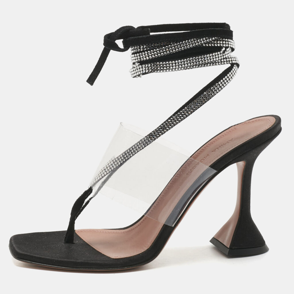 Amina Muaddi Black Satin Zula Crystals Ankle Wrap Sandals Size 38.5 Amina Muaddi Black Satin Zula Crystals Ankle Wrap Sandals Size 38.5