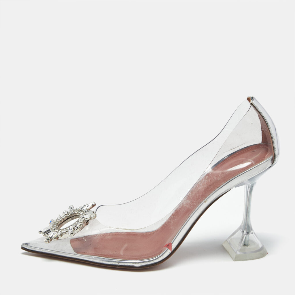 Amina Muaddi Transparent PVC Begum Crystal Embellished Pointed Toe Pumps Size 39